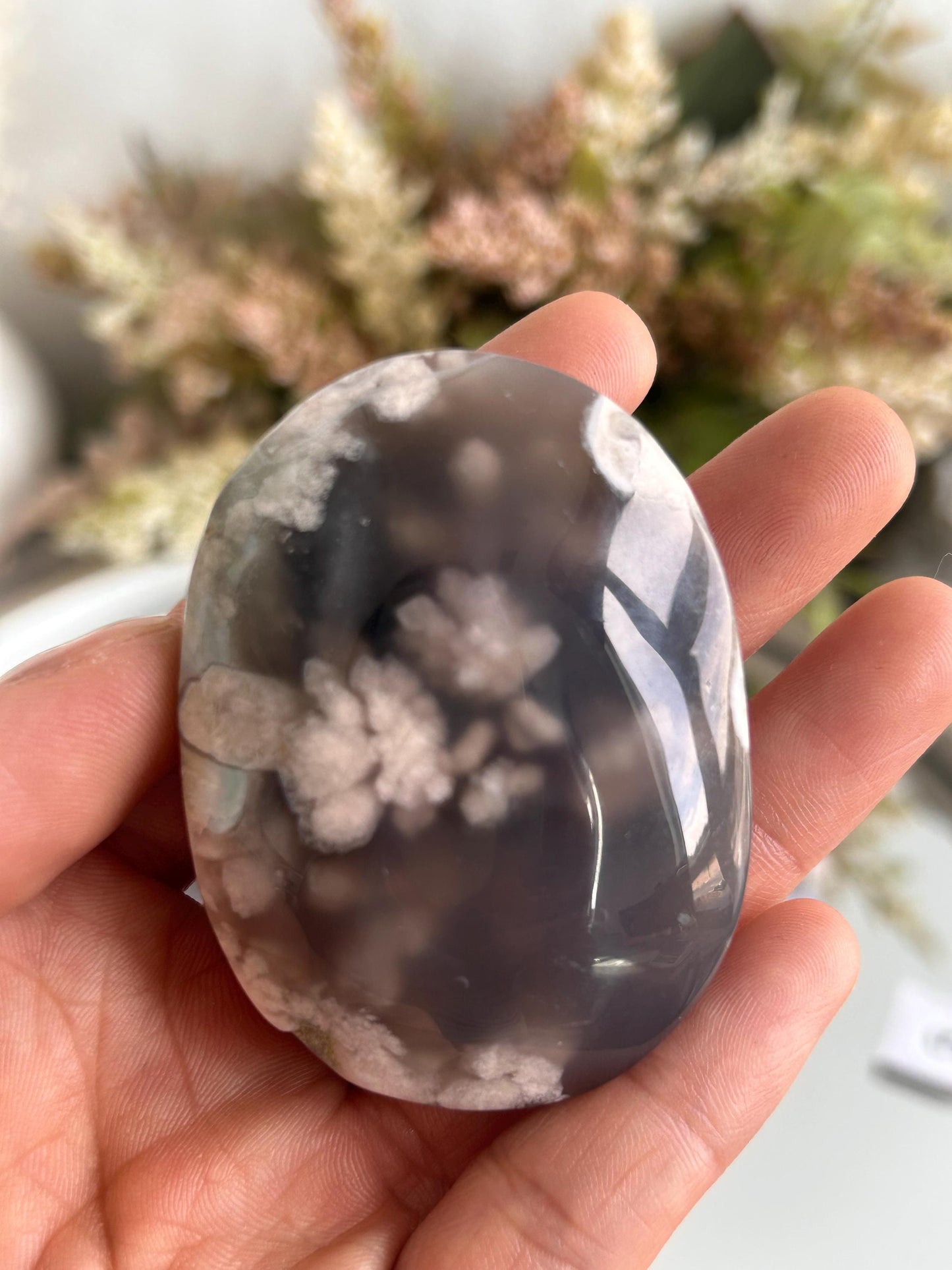 Black Flower Agate Heart Palm Stone | Black Sakura Agate | Flower Agate Palm Stones | Flower Agate Heart | Crystal Heart | Crystal Gifts