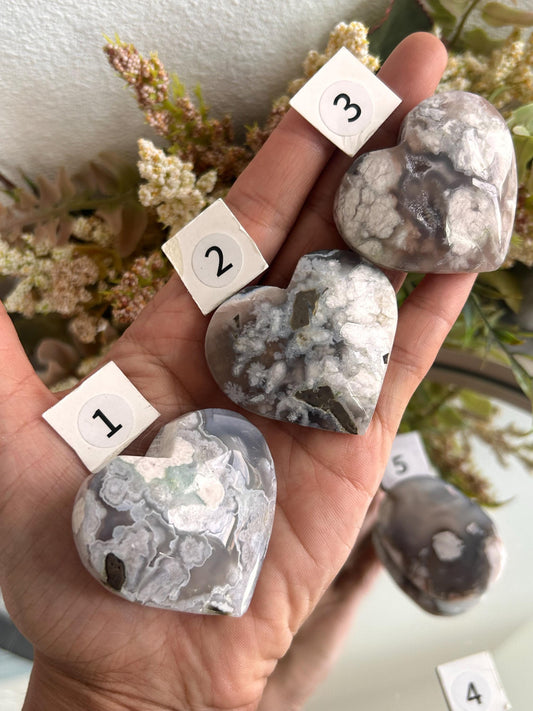 Black Flower Agate Heart Palm Stone | Black Sakura Agate | Flower Agate Palm Stones | Flower Agate Heart | Crystal Heart | Crystal Gifts