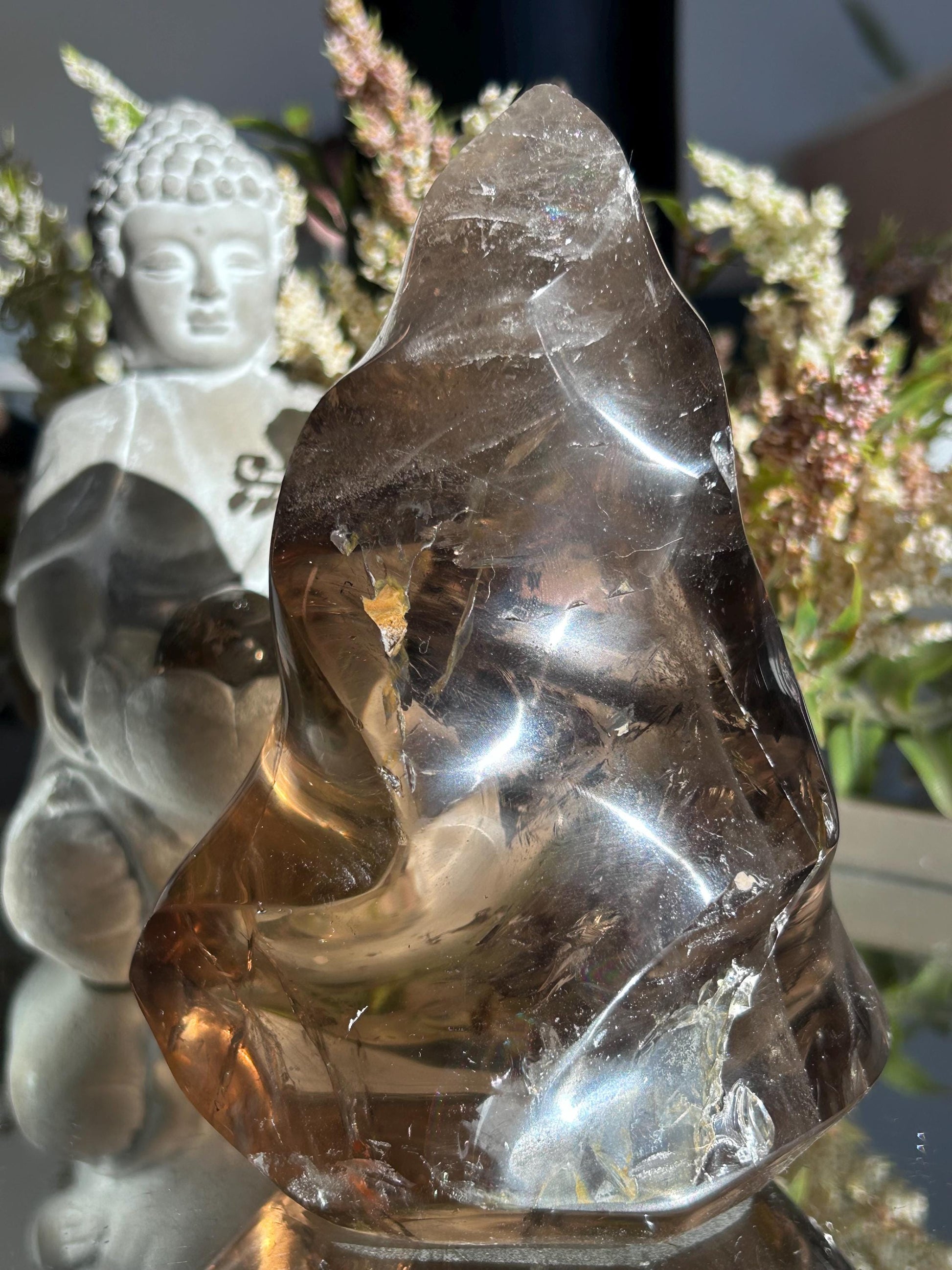 Natural Crystal Smokey Quartz Flame With Rainbow | Natural Healing Crystal | Twisty Flame Crystal | Home Decor-Crystal Flames-Smokey Quartz