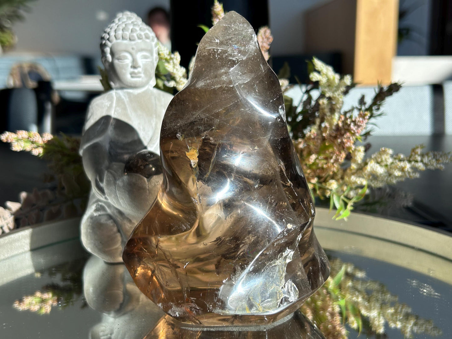 Natural Crystal Smokey Quartz Flame With Rainbow | Natural Healing Crystal | Twisty Flame Crystal | Home Decor-Crystal Flames-Smokey Quartz