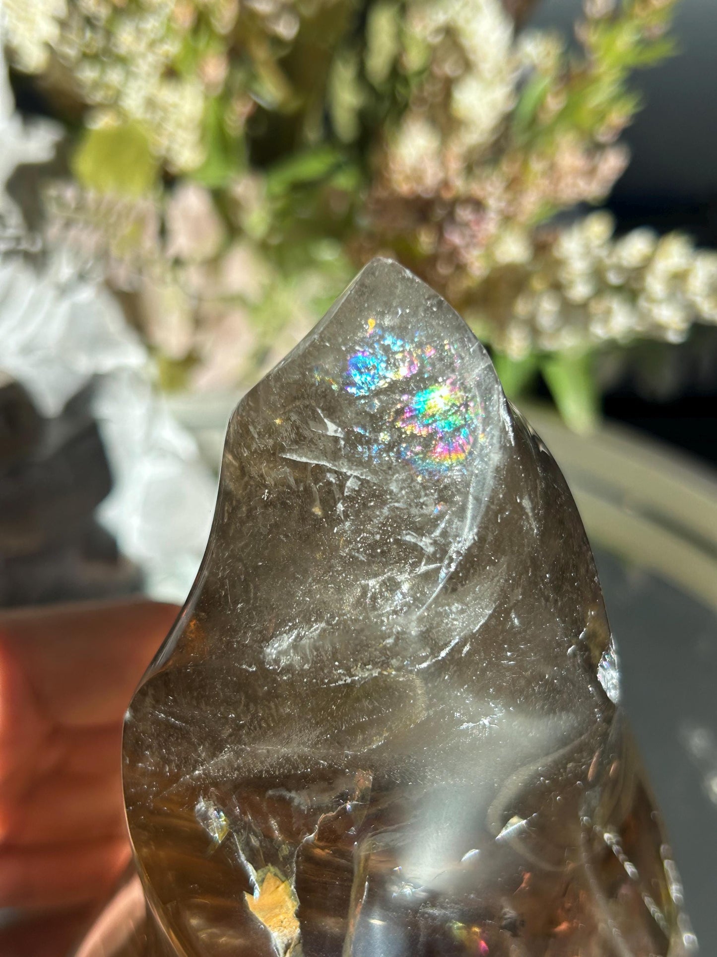 Natural Crystal Smokey Quartz Flame With Rainbow | Natural Healing Crystal | Twisty Flame Crystal | Home Decor-Crystal Flames-Smokey Quartz