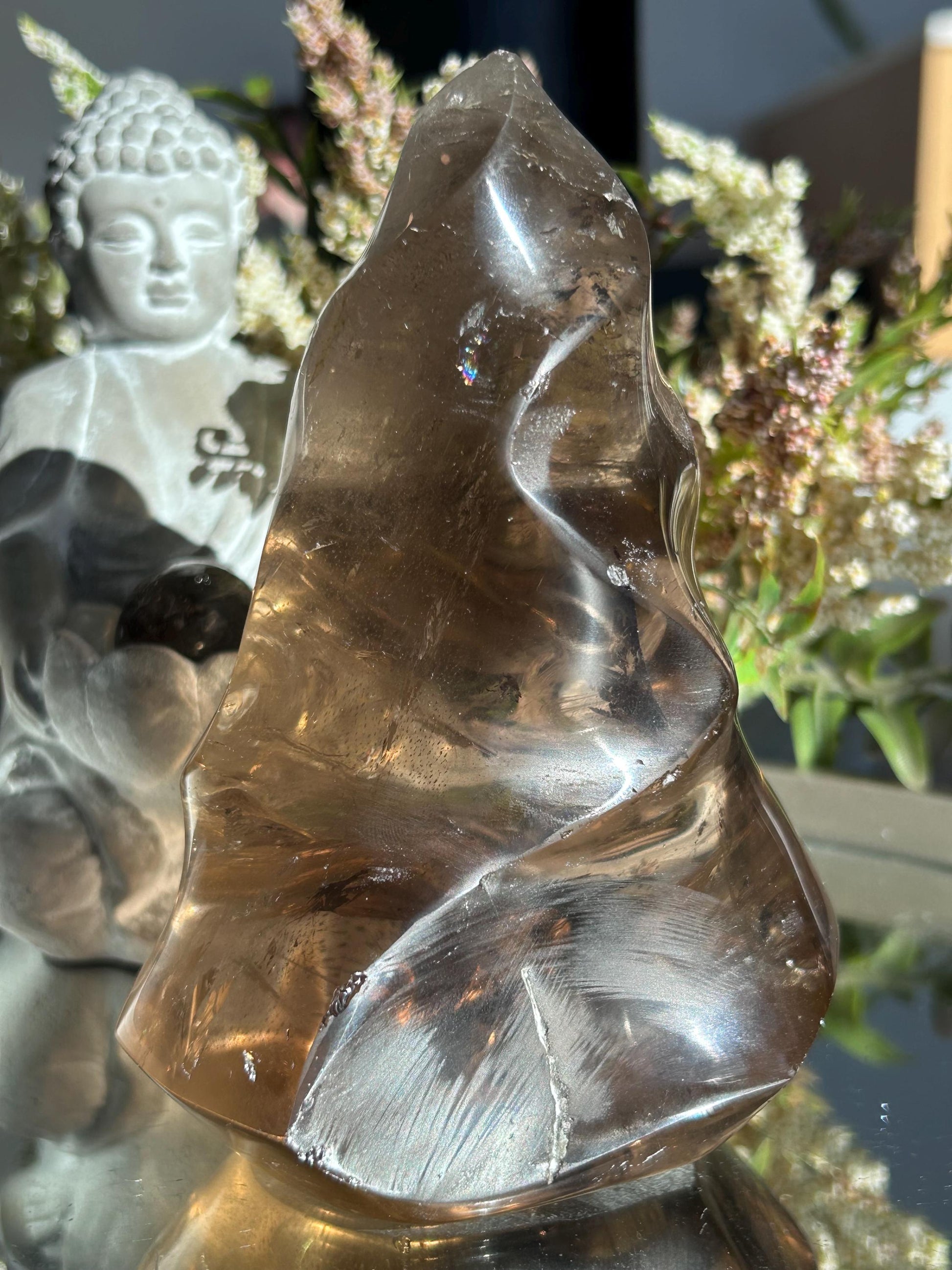 Natural Crystal Smokey Quartz Flame With Rainbow | Natural Healing Crystal | Twisty Flame Crystal | Home Decor-Crystal Flames-Smokey Quartz
