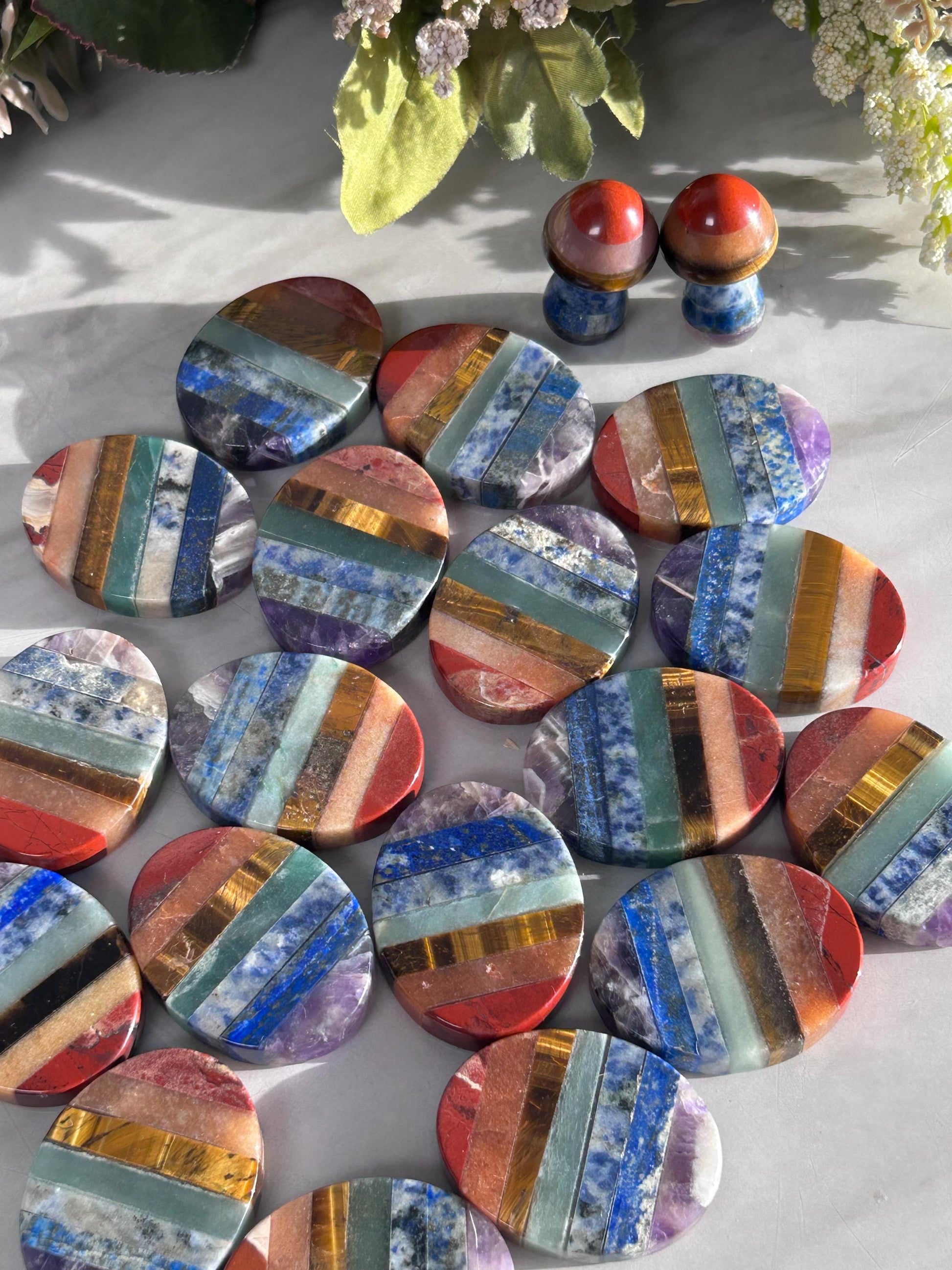 7 Chakra Smooth Palm Pocket Stone | Chakra Polished Mushroom | Healing Crystals Reiki Chakra Gift | Crystal Gift | Crystal Mushroom-Tumbles, Palm Stones-