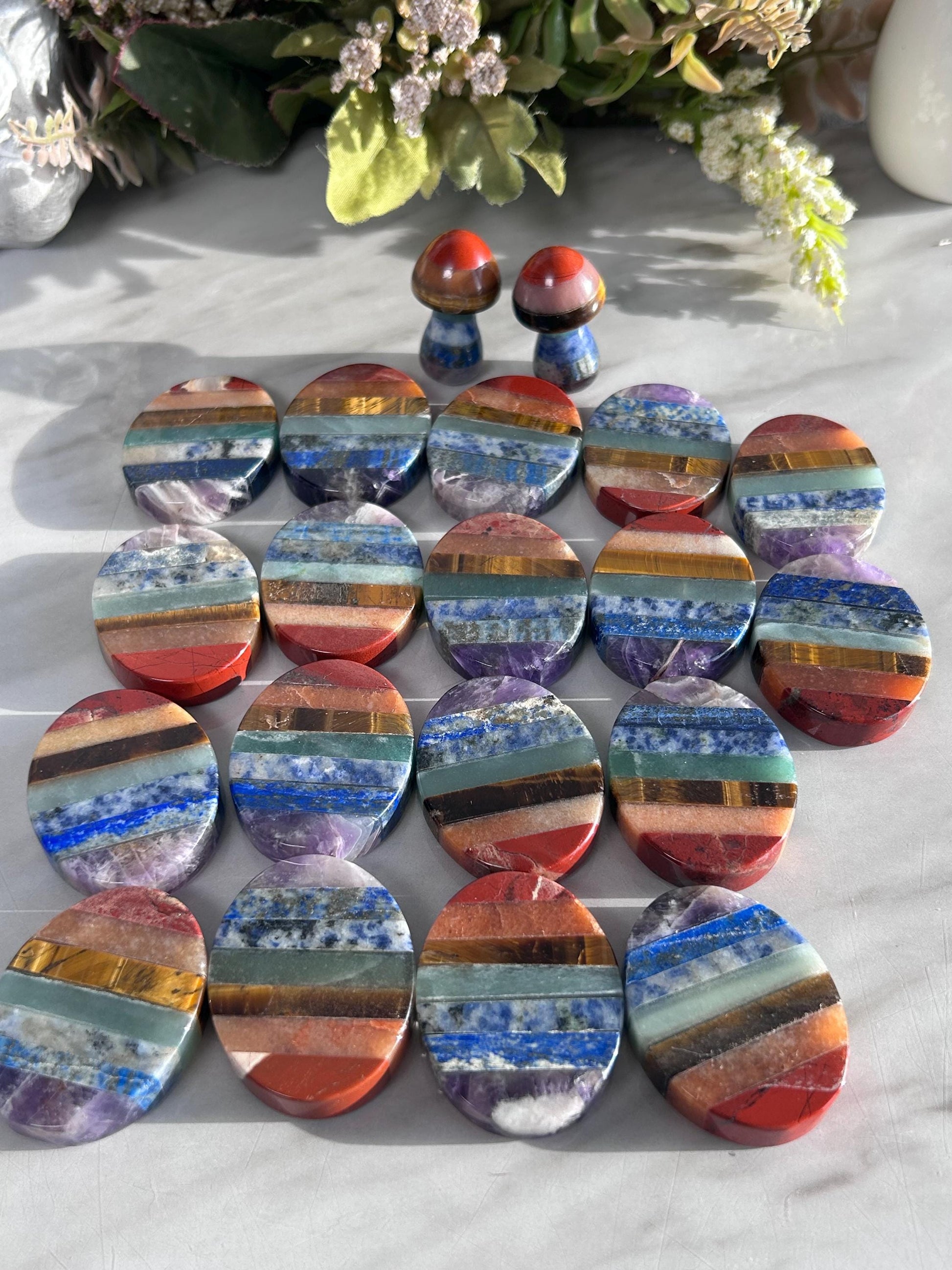 7 Chakra Smooth Palm Pocket Stone | Chakra Polished Mushroom | Healing Crystals Reiki Chakra Gift | Crystal Gift | Crystal Mushroom-Tumbles, Palm Stones-