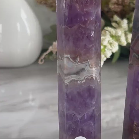 Stunning Crazy Lace Agate with Purple Amethyst Point Obelisk | Amethyst Tower | Crystal Gift | Home Decor | Crystal Gift | Crystal Healing