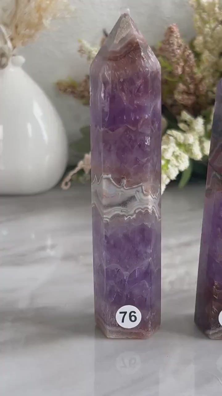 Stunning Crazy Lace Agate with Purple Amethyst Point Obelisk | Amethyst Tower | Crystal Gift | Home Decor | Crystal Gift | Crystal Healing