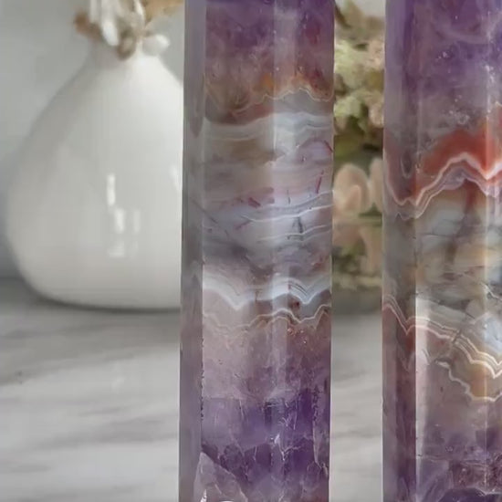 Stunning Crazy Lace Agate with Purple Amethyst Point Obelisk | Amethyst Tower | Crystal Gift | Home Decor | Crystal Gift | Crystal Healing