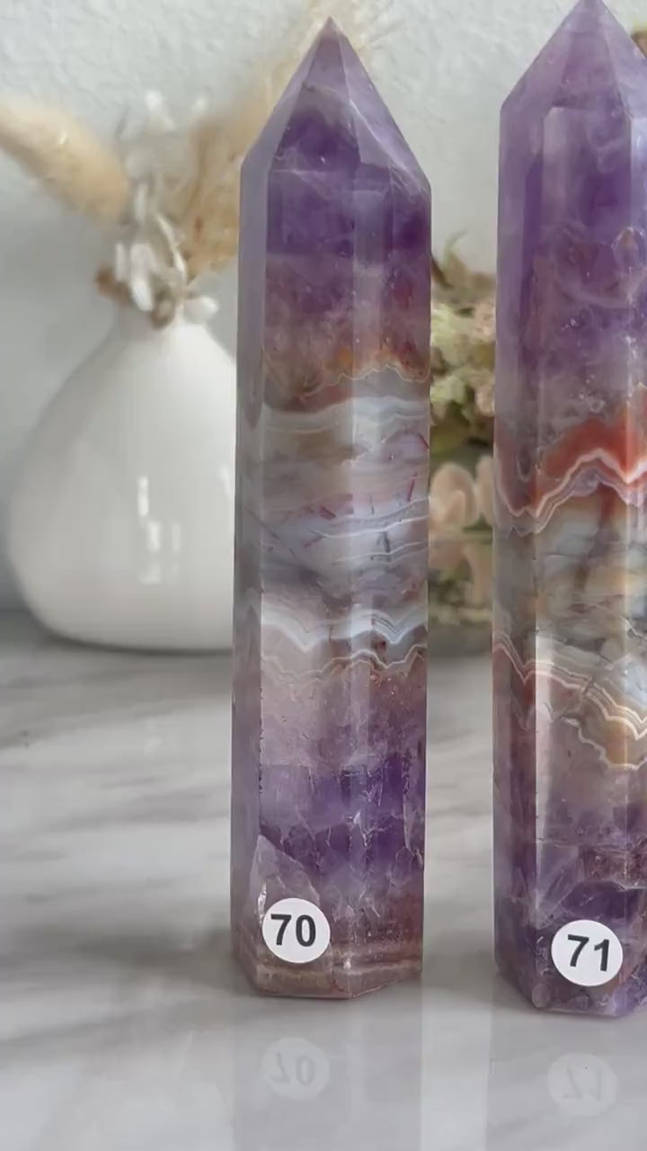 Stunning Crazy Lace Agate with Purple Amethyst Point Obelisk | Amethyst Tower | Crystal Gift | Home Decor | Crystal Gift | Crystal Healing