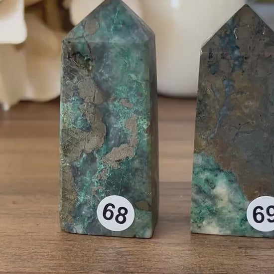 Dioptase Tower | Natural Pyrite in Agate Tower | Colorful Pyrite Point | Agitated Pyrite | Pyrite in Agate Crystal Tower Point Generator