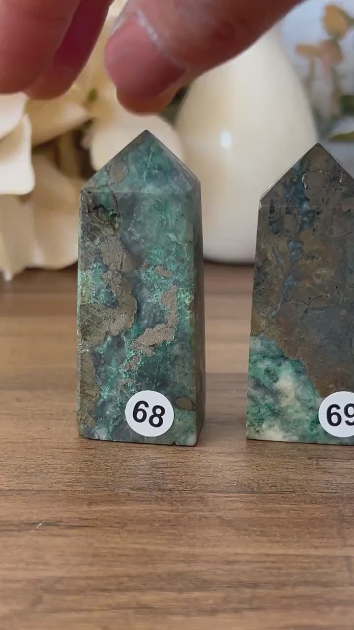 Dioptase Tower | Natural Pyrite in Agate Tower | Colorful Pyrite Point | Agitated Pyrite | Pyrite in Agate Crystal Tower Point Generator