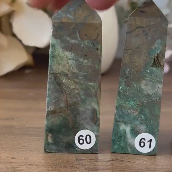 Dioptase Tower | Natural Pyrite in Agate Tower | Colorful Pyrite Point | Agitated Pyrite | Pyrite in Agate Crystal Tower Point Generator