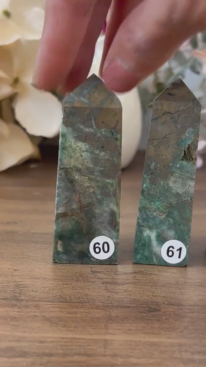 Dioptase Tower | Natural Pyrite in Agate Tower | Colorful Pyrite Point | Agitated Pyrite | Pyrite in Agate Crystal Tower Point Generator